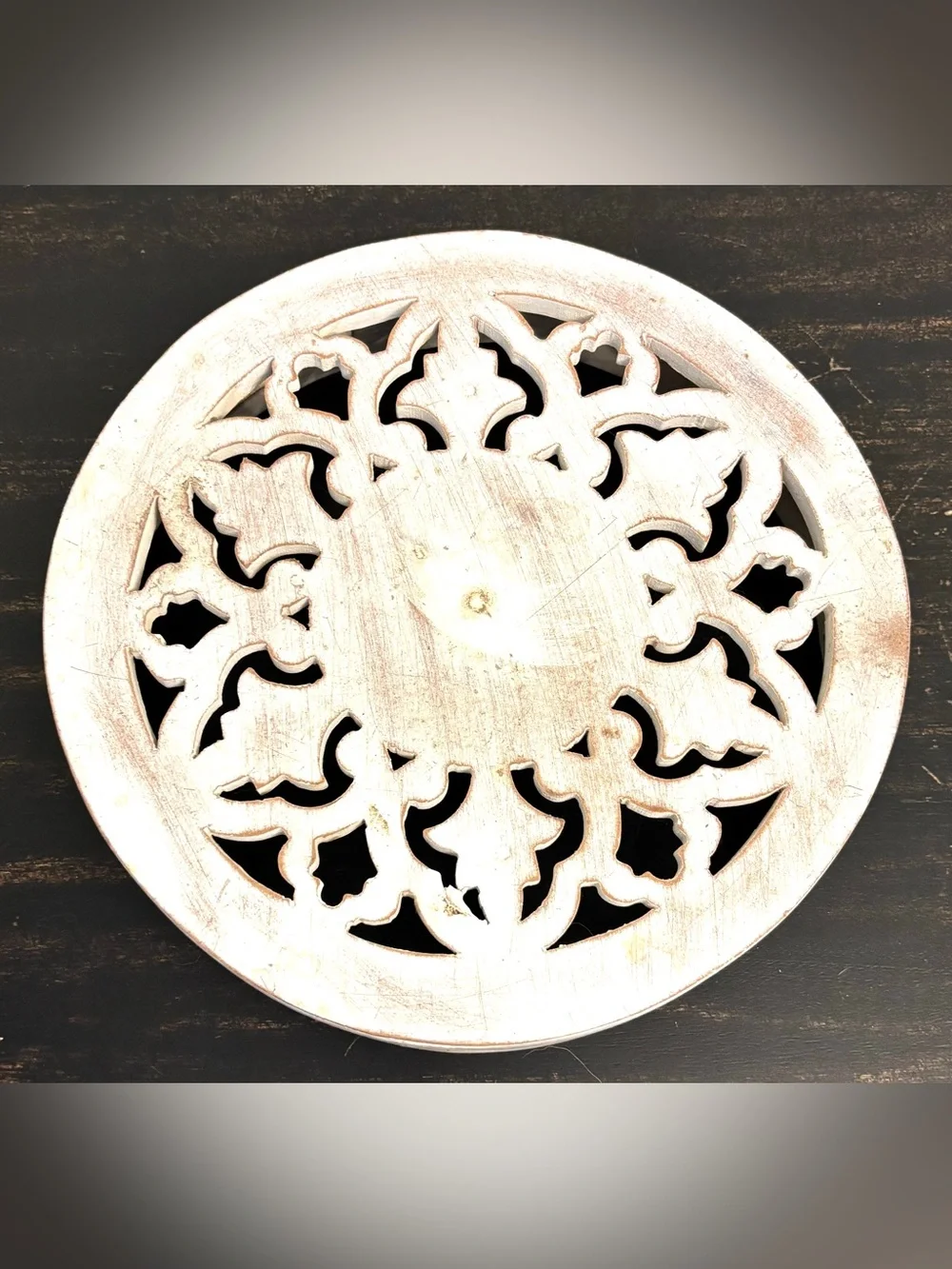 Vintage Hand-Carved Wood Floral Mandala Tray – Whitewash Centerpiece 11.5”